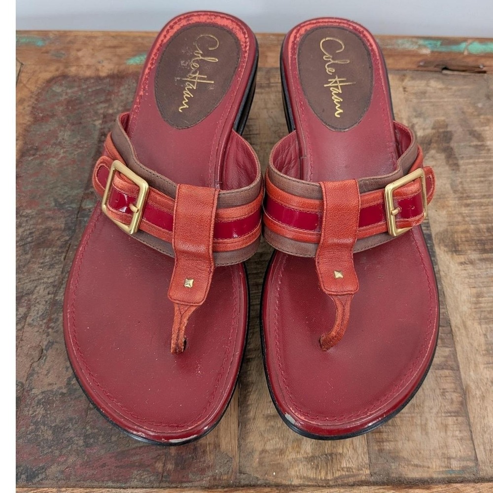 Cole Haan Womens Red Leather Wedge Thong Sandals Buckle Detail Size 7.5B